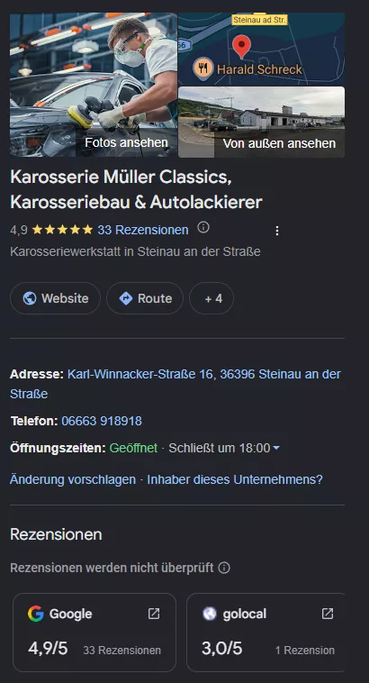 Optimiertes Google-Unternehmensprofil von Karosserie Müller Classics in Steinau im Main-Kinzig-Kreis