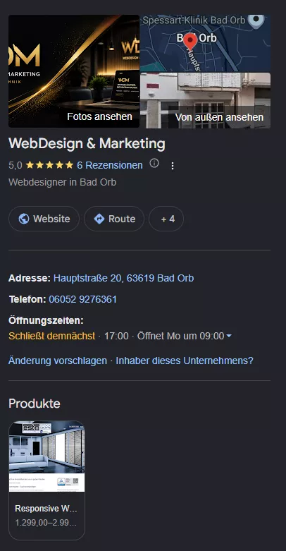 Google-Unternehmensprofil von WebDesign & Marketing in Bad Orb