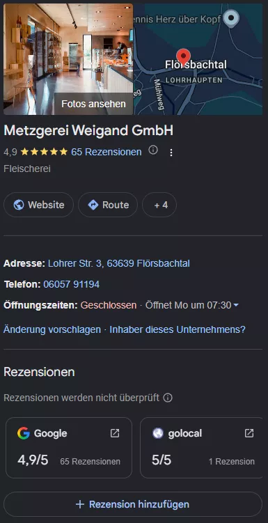Google-Unternehmensprofil der Metzgerei Weigand in Jossgrund