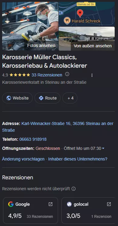 Google-Unternehmensprofil von Karosserie Müller Classics in Steinau an der Straße