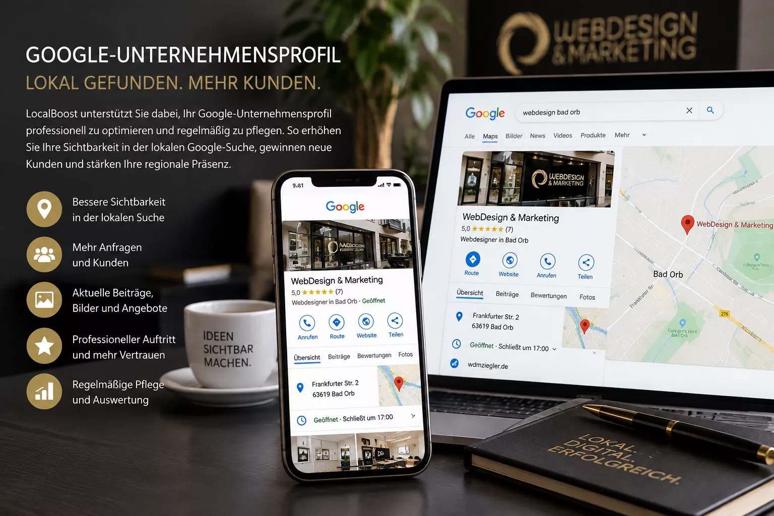 Google-Unternehmensprofil mit lokaler Suche, Kartenansicht und Bewertungen – LocalBoost von WebDesign & Marketing