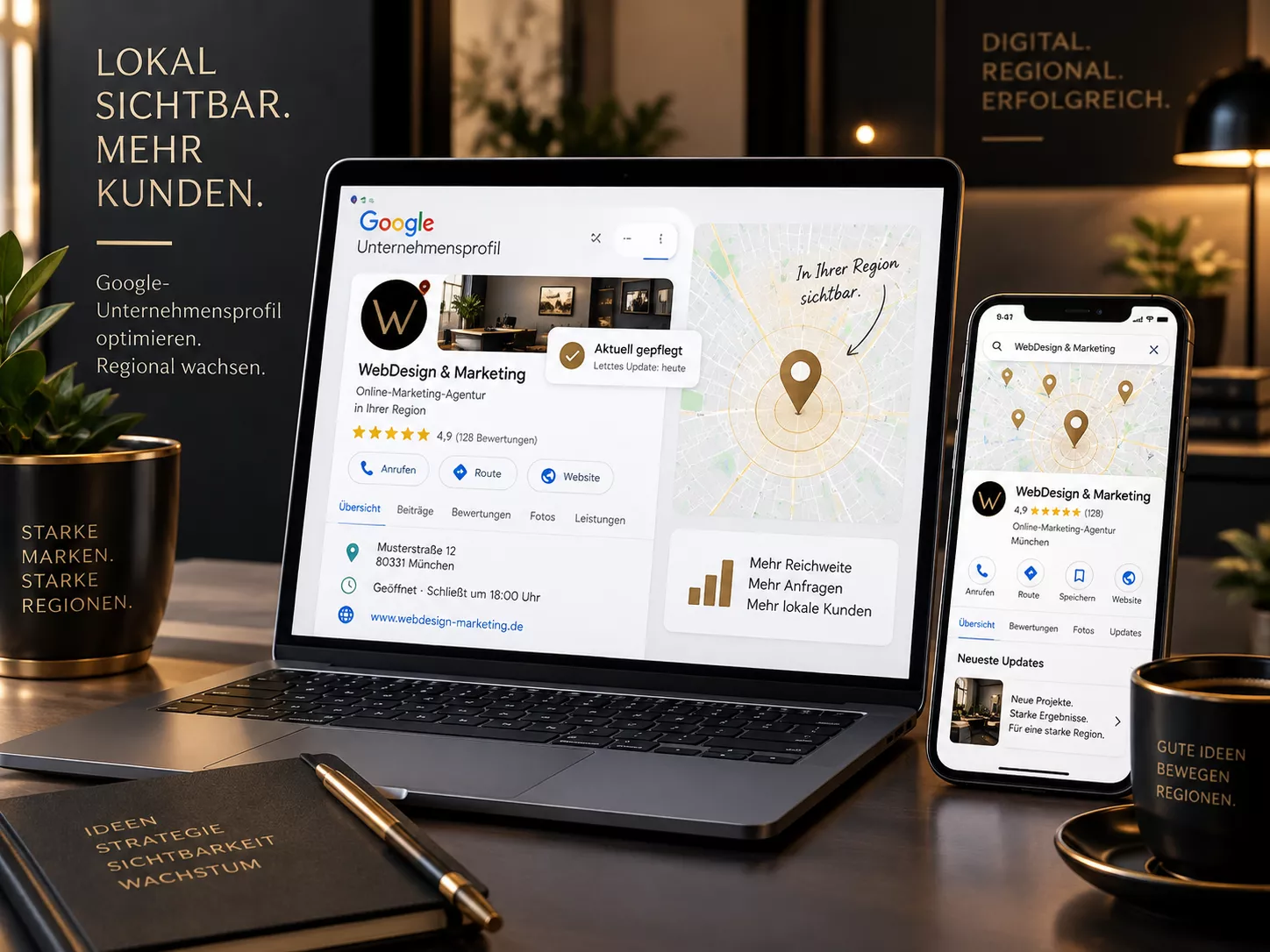 Google-Unternehmensprofil auf Laptop und Smartphone zur Verbesserung der lokalen Sichtbarkeit mit LocalBoost – WebDesign & Marketing