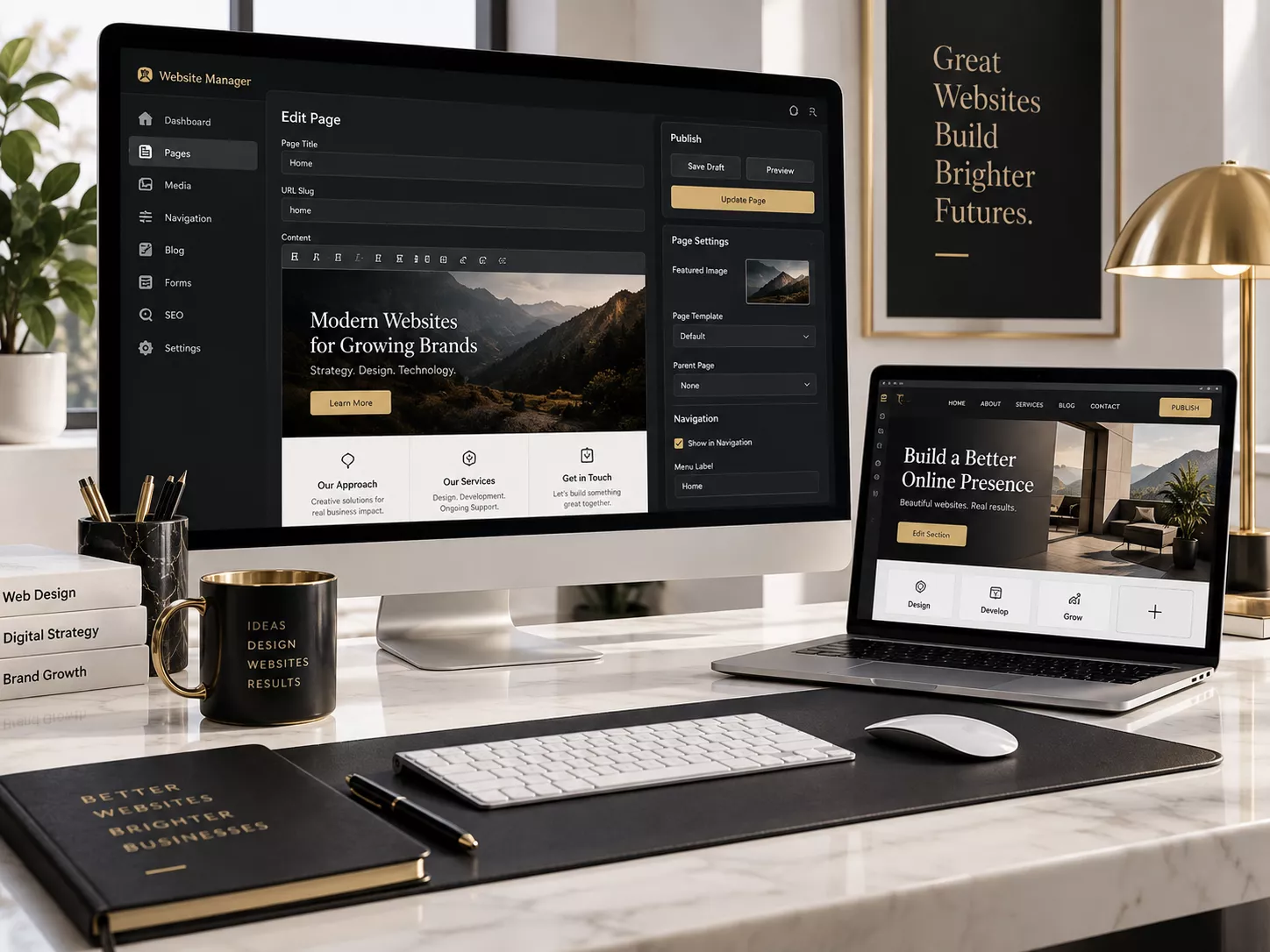 Content-Management-System für Webdesign und Website-Pflege auf Monitor und Laptop – WebDesign & Marketing