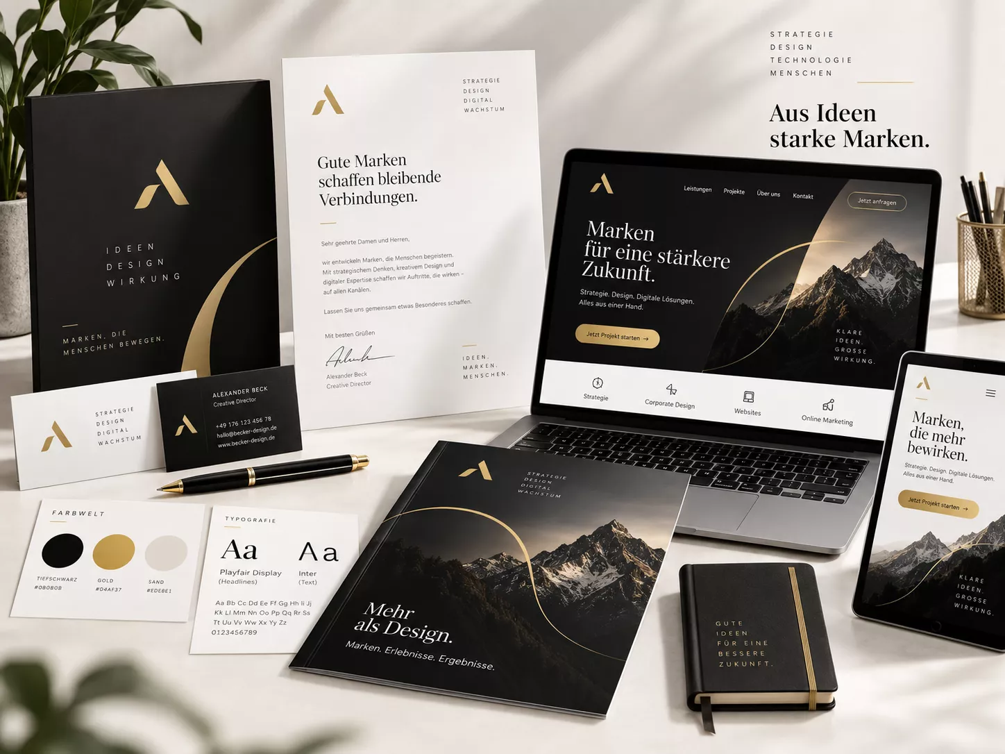 Elegantes Corporate-Design-Flatlay mit Logo, Visitenkarten, Briefpapier und Markenmaterialien in Schwarz und Gold.